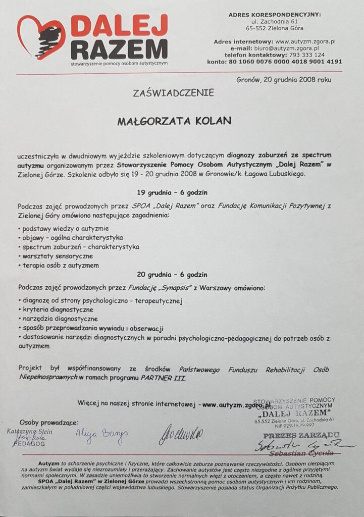 Dyplom Autyzm Diagnoza