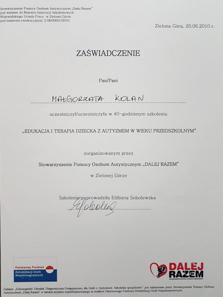 Dyplom Terapia Dziecka z Autyzmem