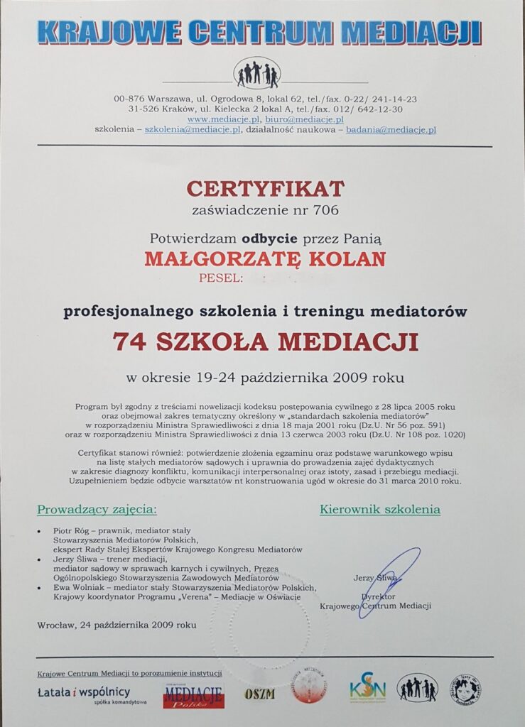 Certyfikat Mediacje