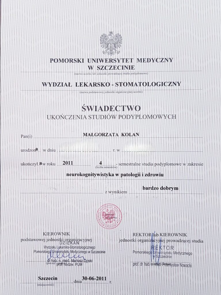 Dyplom Neurokognitywistyka