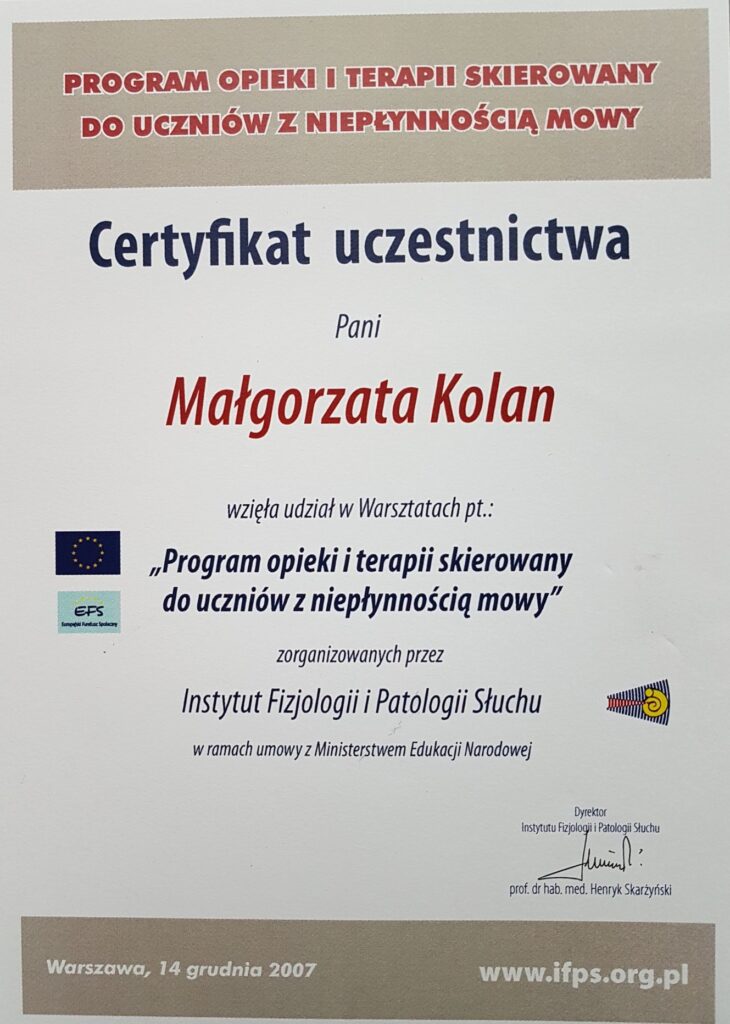 Certyfikat Uczniowie z niepłynnością mowy