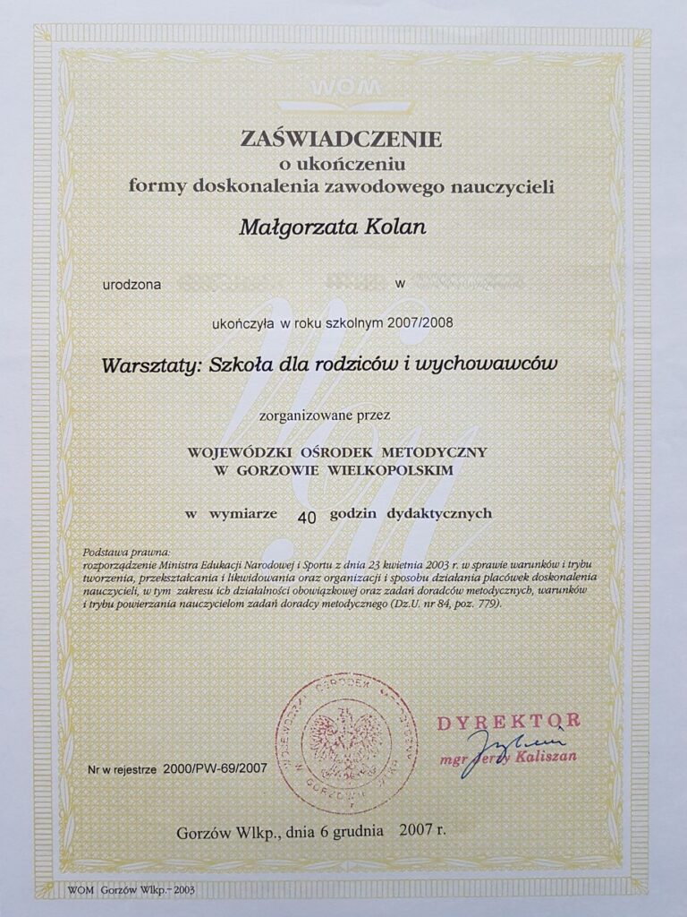 Zaświadczenie Szkoła dla Rodziców i Wychowawców
