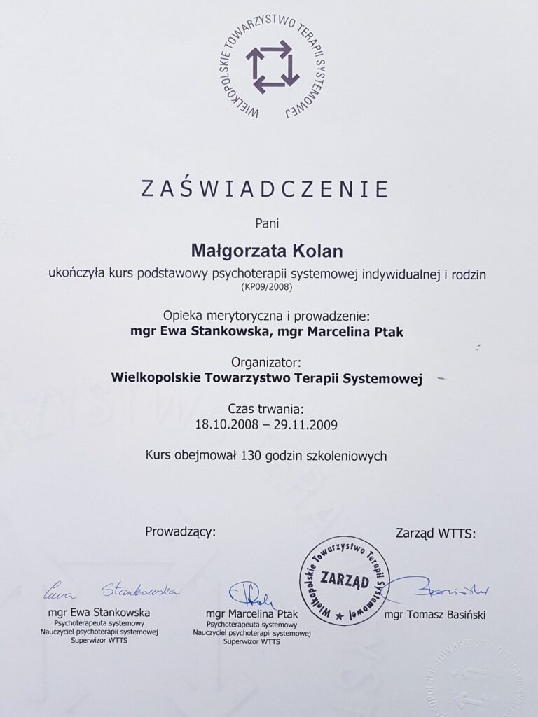 Dyplom Terapia Systemowa Rodziny